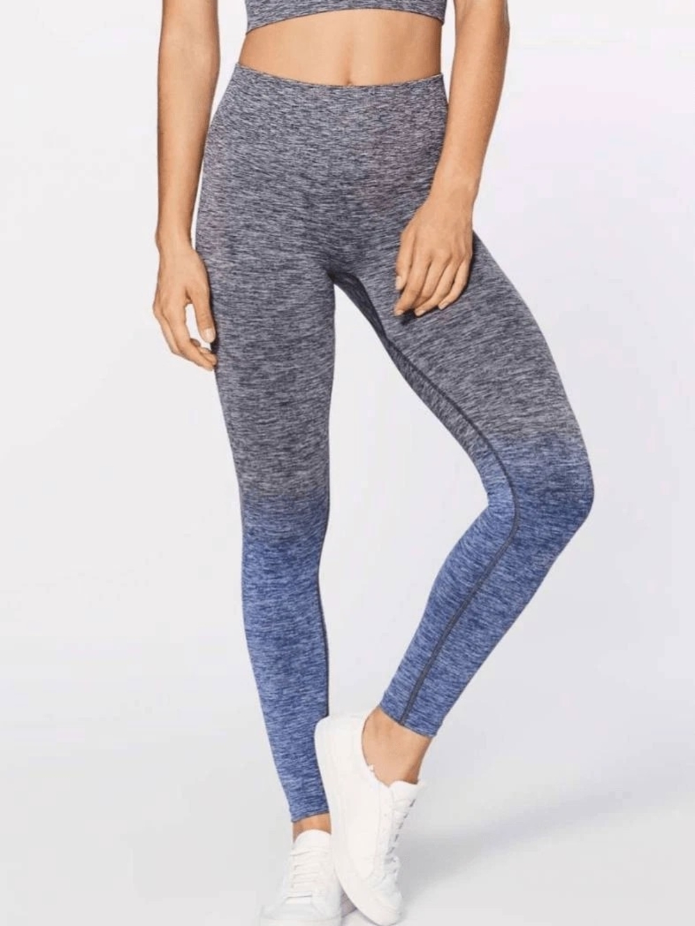 Lululemon Balance & Resist 7/8 Tight in a grey, white, and blue heathered ombré